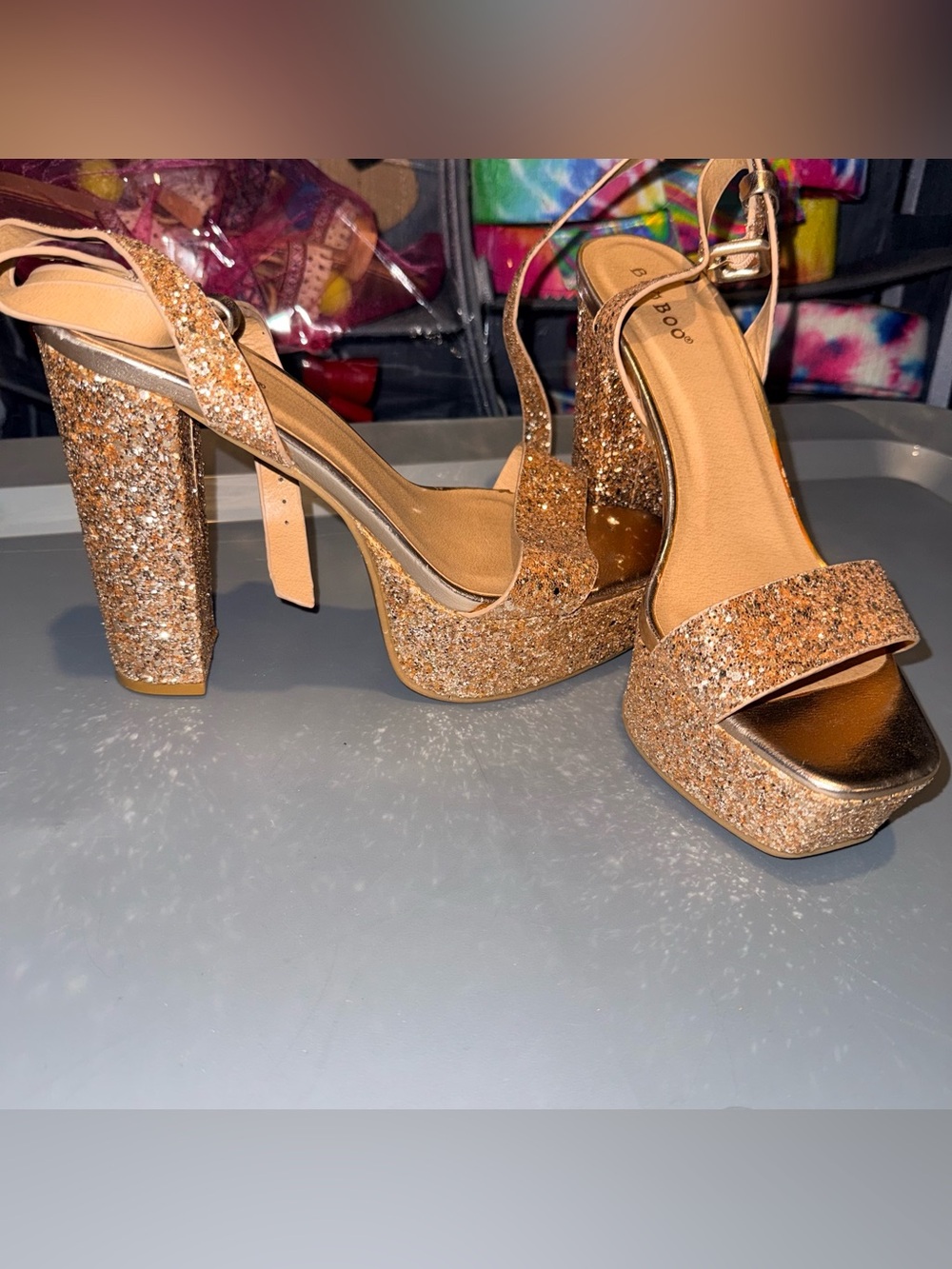 BAMBOO Gold Glitter Platform Block Heel Sandals
